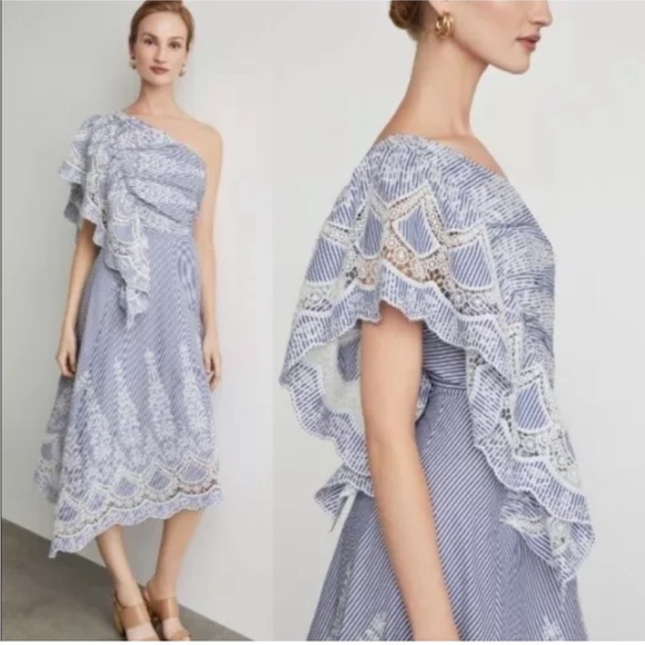 BCBG Dresses & Skirts - BCBGMAXAZRIA BCBG One Shoulder Embroidered Stripe Dress Blue Size 4